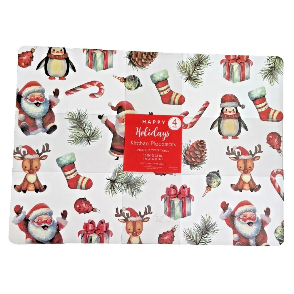 Christmas Placemats Santa Reindeer Set of 4 Vinyl Foam Back Holiday 13x18